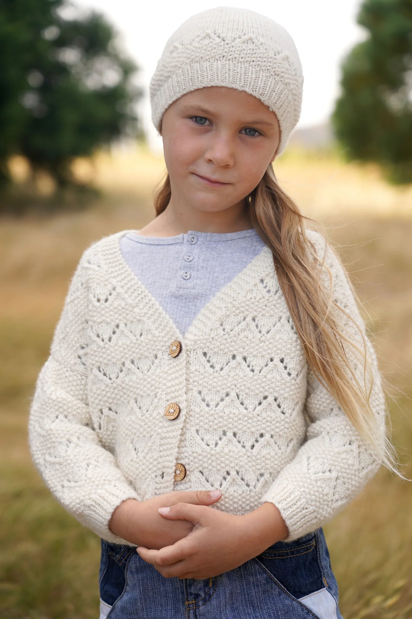 Kelsey Cardi and Hat LF45 in 8 Ply